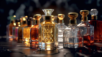 Fototapeta na wymiar Perfume bottles on a dark background, straight view.