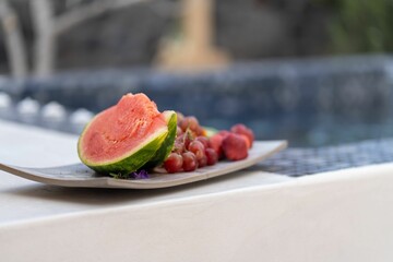 Closeup of fruits near jacuzzi
