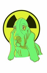 Obraz premium Vertical illustration of a green Basset Hound dog with radioactive hazard symbol in the background