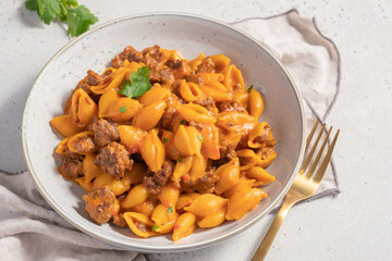 Cheeseburger Pasta with meat, tomato sauce, vegetables and cheese