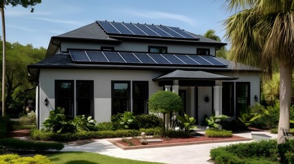 A traditional style single family residence home in Tampa Bay with new black solar panels on the roof, photorealism, palm trees, canon r5, 47 megapixels - obrazy, fototapety, plakaty