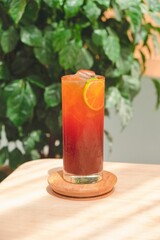 Refreshing cocktail with green leaves of plant in the background