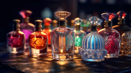 Perfume bottles on a dark background, straight view.