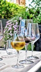 Vertical shot of different type of wine glasses on the table