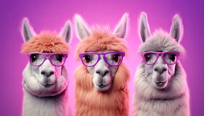 three alpacas with colorful hair in sunglasses