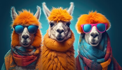 Three quirky colored llamas wearing blue glasses