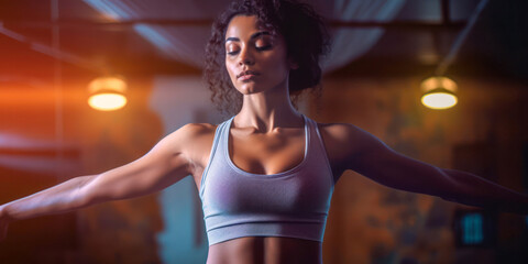 Woman in eyes closed in meditative pose, wearing tank top sports bra, indoor, wide. Generative AI