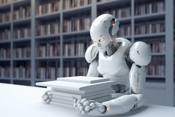 Fototapeta premium Friendly robot, virtual assistant, futuristic library and online knolage idea. AI generative