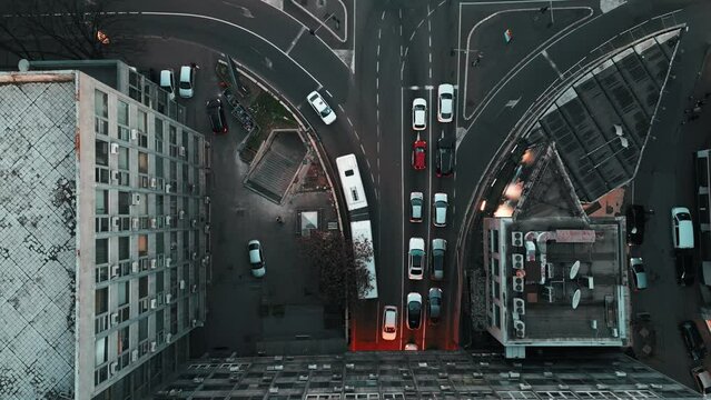 Aerial drone footage of busy Terazije road tunnel located in Belgrade, Serbia.