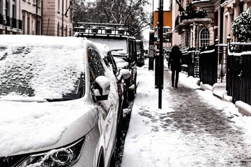 Snowy street in London, UK