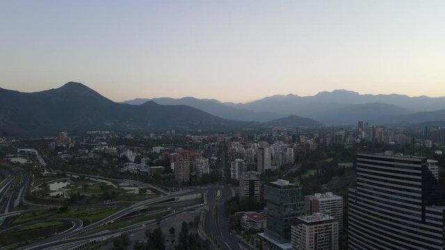 Aerial view of an overpass in a modern city on the sunset