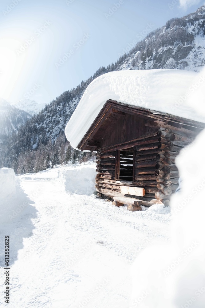 Canvas Prints Vertical shot of a wooden house covered in snow with mountains in the background on a sunny day