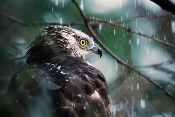 Close-up shot of a European honey buzzard perched on a branch on a snowy day