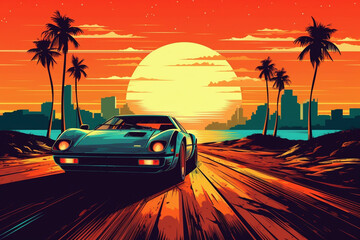 Retro wave 80s image of sports car in sunset