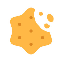 Crispy cheese cracker with missing bite and chips isolated on white background. Salted crunchy snack sign or logo flat design. Baked dessert with crumb. Breakfast broken cookie vector illustration.