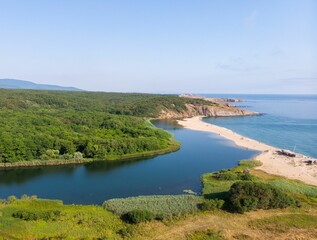 Aerial view of River Veleka meeting Black Sea. Bulgaria.