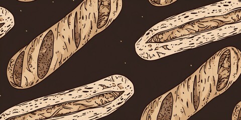Freshly Baked Ciabatta Bread Cartoon Horizontal Background Illustration. Crusty Pastry, Gourmet Bakery. Ai Generated Drawning Background Illustration with Aromatic Traditional Ciabatta Generative AI