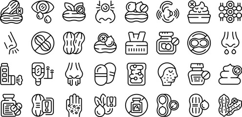 Allergy to peanuts icons set outline vector. Medical food. Nuts test