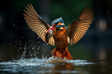 Naklejka premium Kingfisher bird spreading its wings as it catches a fish in a lake