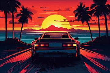 Rear view of retro wave 80s image of sports car in front of a  sunset