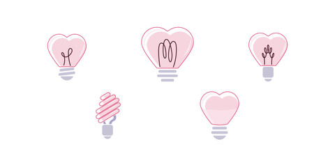 Pięć różnych żarówek w kształcie serca. Różowe żarówki w minimalistycznym stylu. Elementy dekoracyjne na walentynki. - obrazy, fototapety, plakaty