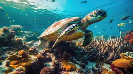 Obraz premium sea turtle with a group of colorful fish and colorful corals underwater in the ocean, underwater world in the ocean. Generative AI