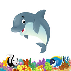 cartoon scene with coral reef and happy fishes swimming near mermaid isolated illustration for children