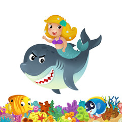 cartoon scene with coral reef and happy fishes swimming near mermaid isolated illustration for children