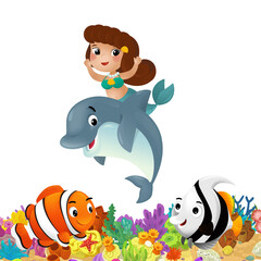 cartoon scene with coral reef and happy fishes swimming near mermaid isolated illustration for children