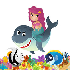 cartoon scene with coral reef and happy fishes swimming near mermaid isolated illustration for children