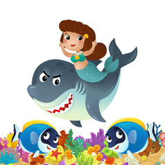 cartoon scene with coral reef and happy fishes swimming near mermaid isolated illustration for children