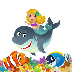 cartoon scene with coral reef and happy fishes swimming near mermaid isolated illustration for children