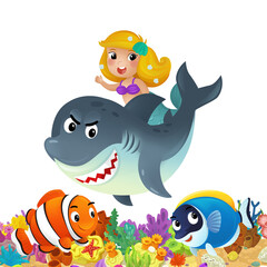 Naklejka premium cartoon scene with coral reef and happy fishes swimming near mermaid isolated illustration for children