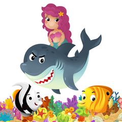 cartoon scene with coral reef and happy fishes swimming near mermaid isolated illustration for children