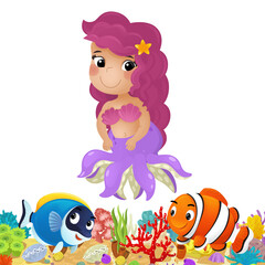 cartoon scene with coral reef and happy fishes swimming near mermaid isolated illustration for children