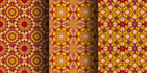 Pattern with floral and geometric set. Geometric morocco design. Hot colors seamless ornament.