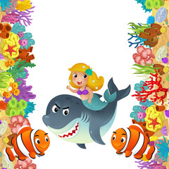 Fototapeta na wymiar cartoon scene with coral reef and happy fishes swimming near mermaid isolated illustration for children