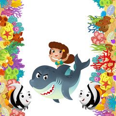Naklejka premium cartoon scene with coral reef and happy fishes swimming near mermaid isolated illustration for children