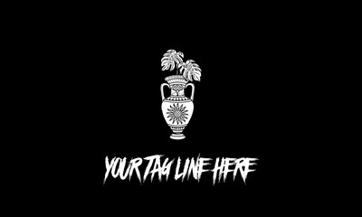 Vector illustration of a vase with a sun pattern on it and two leaves of a plant in it