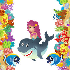 Fototapeta na wymiar cartoon scene with coral reef and happy fishes swimming near mermaid isolated illustration for children