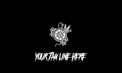 Black and white drawing of compass, crossed arrows, roses with tagline space