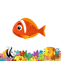 Naklejka premium cartoon scene with coral reef and happy fishes swimming near isolated illustration for children