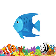 cartoon scene with coral reef and happy fishes swimming near isolated illustration for children