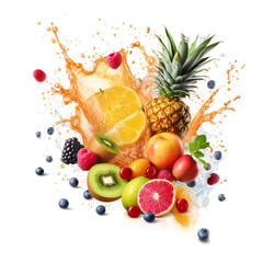 Colorful tropical fruit with juice splashing, on white background. Generative AI