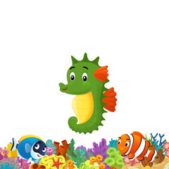 cartoon scene with coral reef and happy fishes swimming near isolated illustration for children