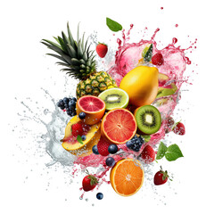 Colorful tropical fruit with juice splashing, on white background. Generative AI © angelo sarnacchiaro