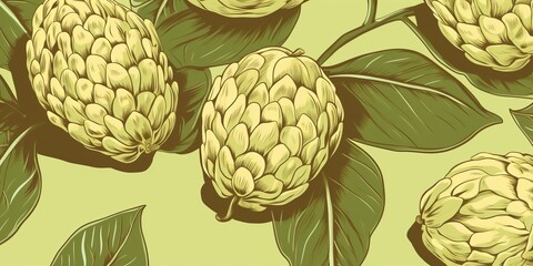 Fresh Organic Cherimoya Fruit Cartoon Horizontal Background Illustration. Healthy Vegetarian Diet. Ai Generated Drawning Background Illustration with Delicious Juicy Cherimoya Fruit. Generative AI