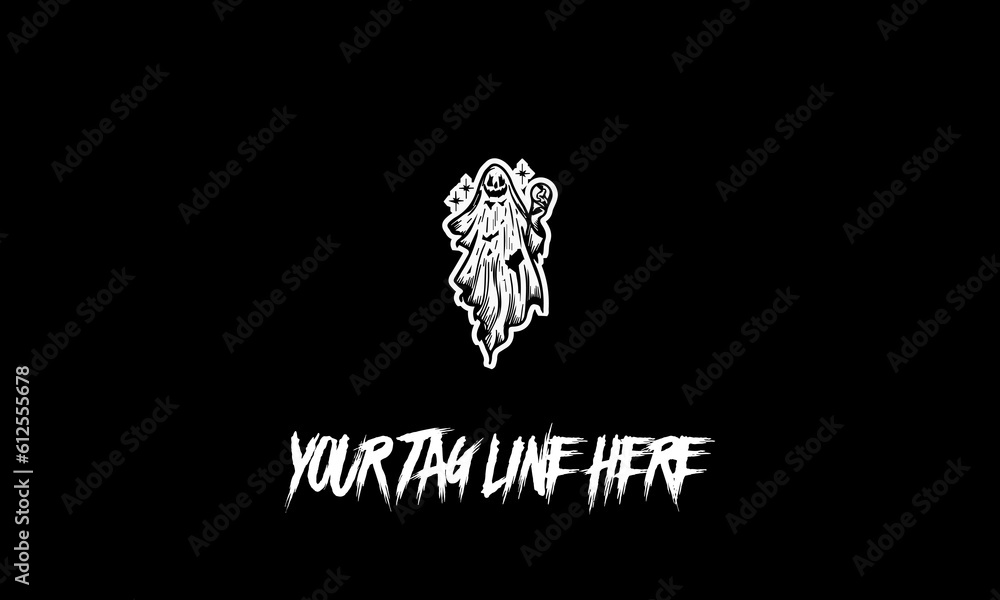 Poster vector logo of a scary ghost character with a space for the tagline on a black background