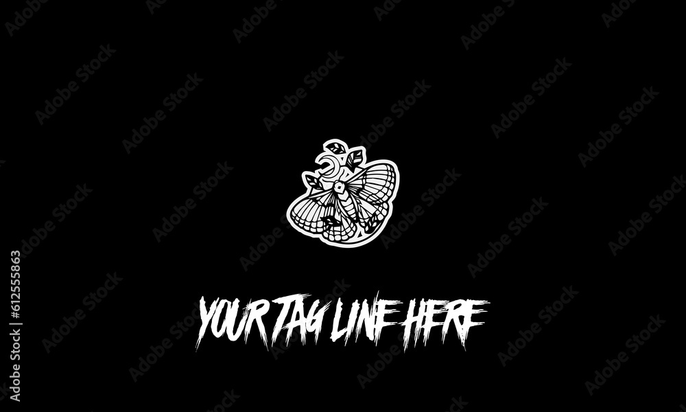 Poster editable vector logo of a butterfly with a space for the tagline on a black background