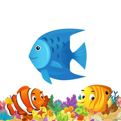 Naklejka premium cartoon scene with coral reef and happy fishes swimming near isolated illustration for children